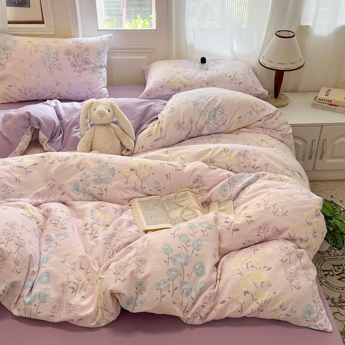 91家纺网 家纺一手货源 找家纺 港岛妹妹 2025新款高克重提花双层纱四件套-风格一 花开半夏紫