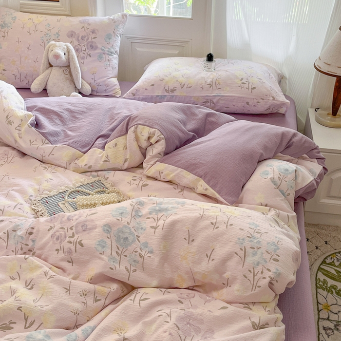 91家纺网 家纺一手货源 找家纺 港岛妹妹 2025新款高克重提花双层纱四件套-风格一 花开半夏紫