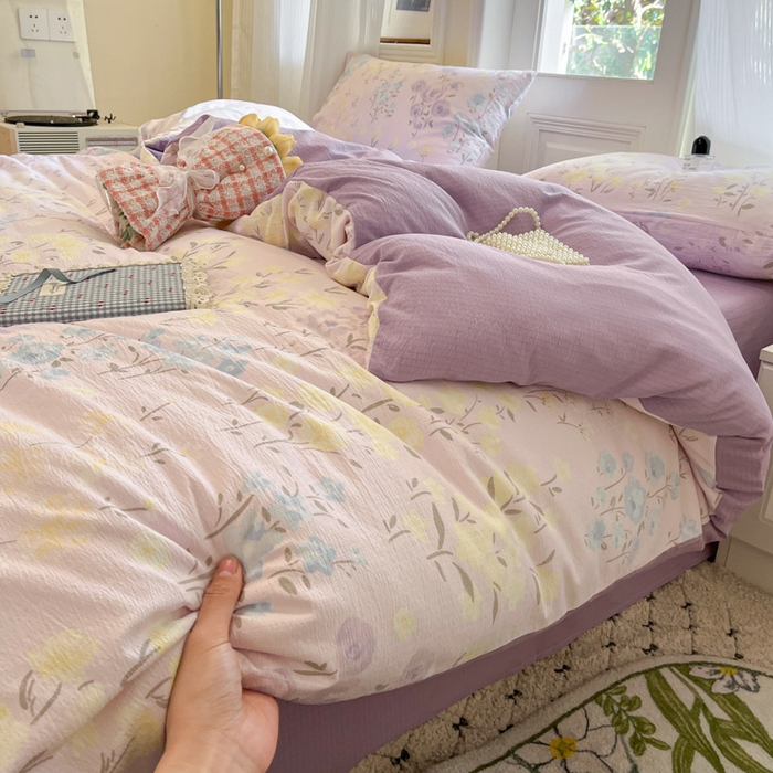 91家纺网 家纺一手货源 找家纺 港岛妹妹 2025新款高克重提花双层纱四件套-风格一 花开半夏紫