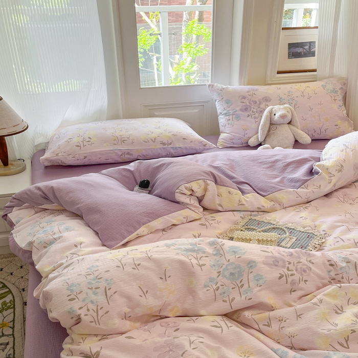 91家纺网 家纺一手货源 找家纺 港岛妹妹 2025新款高克重提花双层纱四件套-风格一 花开半夏紫