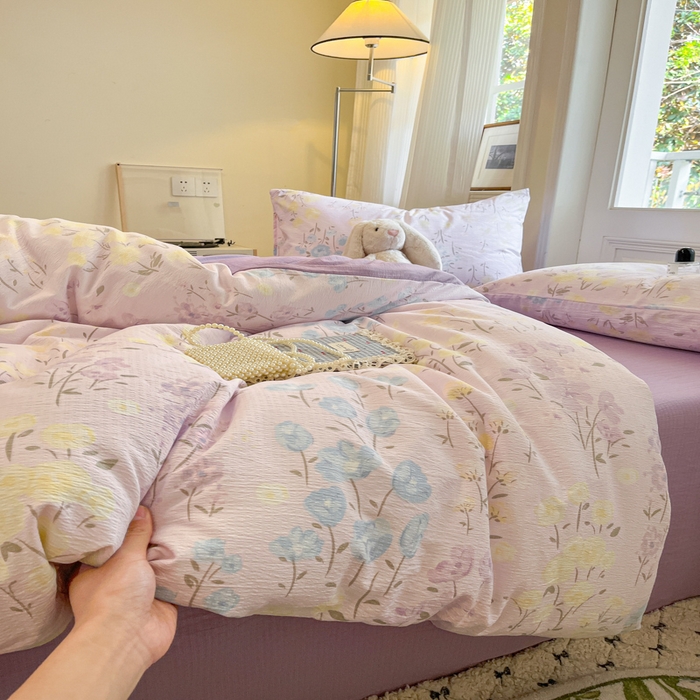 91家纺网 家纺一手货源 找家纺 港岛妹妹 2025新款高克重提花双层纱四件套-风格一 花开半夏紫