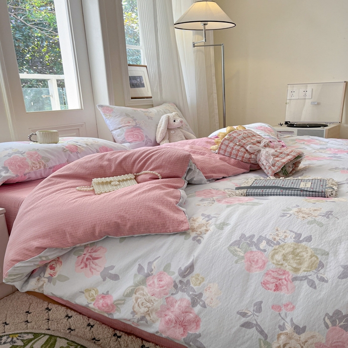 91家纺网 家纺一手货源 找家纺 港岛妹妹 2025新款高克重提花双层纱四件套-风格一 花梦如烟