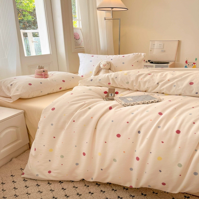 91家纺网 家纺一手货源 找家纺 港岛妹妹 2025新款高克重提花双层纱四件套-风格一 幻彩波点