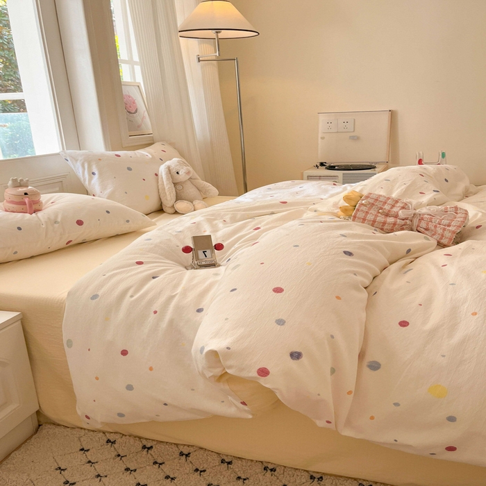 91家纺网 家纺一手货源 找家纺 港岛妹妹 2025新款高克重提花双层纱四件套-风格一 幻彩波点