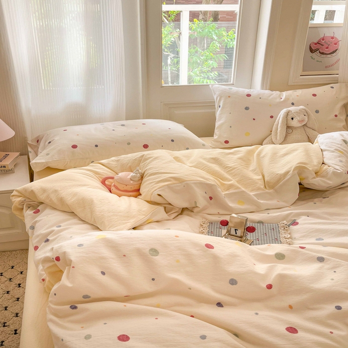 91家纺网 家纺一手货源 找家纺 港岛妹妹 2025新款高克重提花双层纱四件套-风格一 幻彩波点