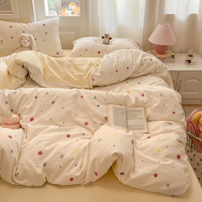 91家纺网 家纺一手货源 找家纺 港岛妹妹 2025新款高克重提花双层纱四件套-风格一 幻彩波点