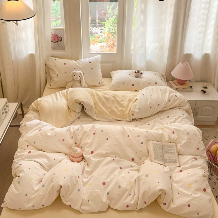 91家纺网 家纺一手货源 找家纺 港岛妹妹 2025新款高克重提花双层纱四件套-风格一 幻彩波点