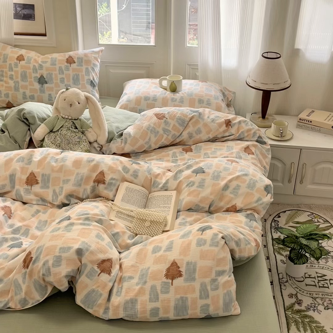 91家纺网 家纺一手货源 找家纺 港岛妹妹 2025新款高克重提花双层纱四件套-风格一 简絮