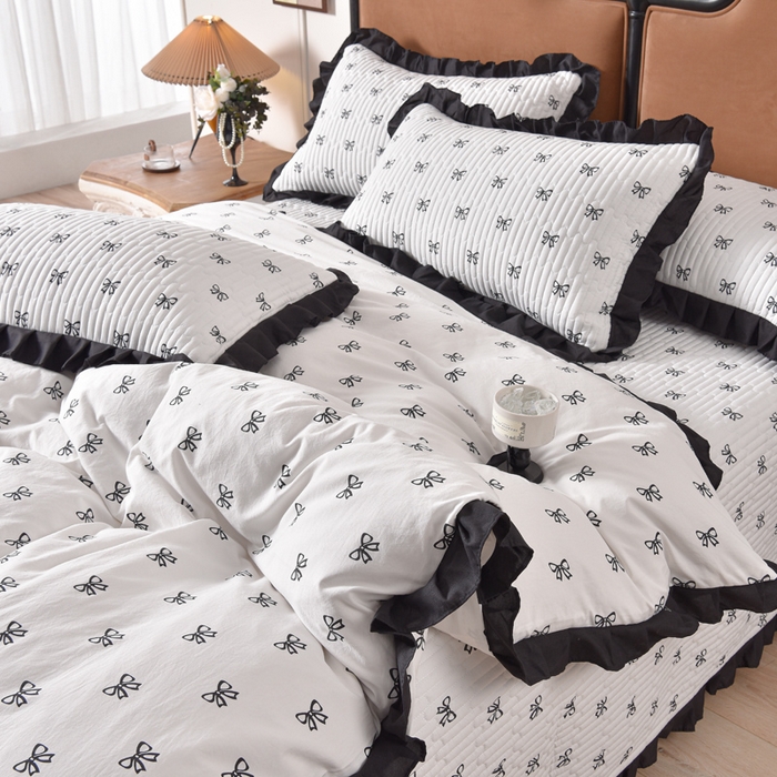 91家纺网 家纺一手货源 找家纺 同田家纺 2025新款A类水洗棉夹棉床盖四件套 小蝴蝶结