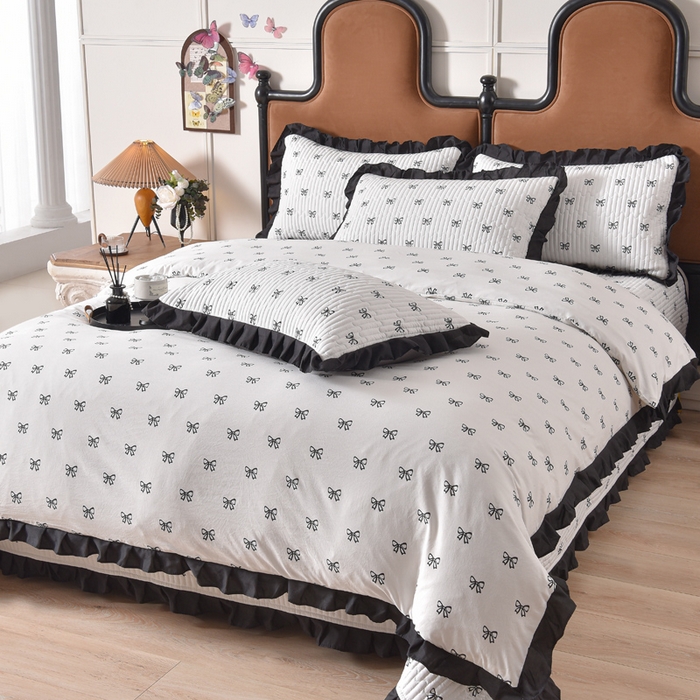 91家纺网 家纺一手货源 找家纺 同田家纺 2025新款A类水洗棉夹棉床盖四件套 小蝴蝶结