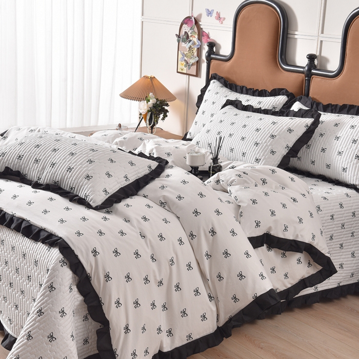 91家纺网 家纺一手货源 找家纺 同田家纺 2025新款A类水洗棉夹棉床盖四件套 小蝴蝶结