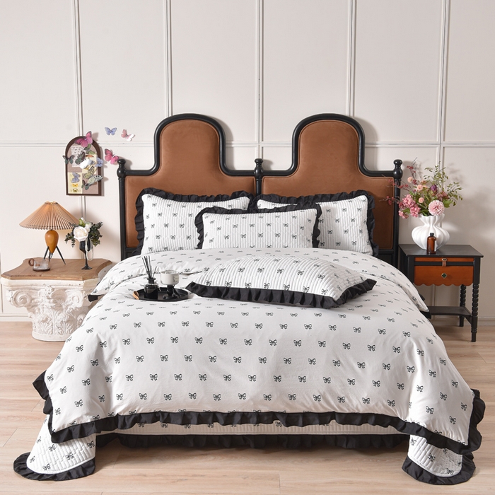 91家纺网 家纺一手货源 找家纺 同田家纺 2025新款A类水洗棉夹棉床盖四件套 小蝴蝶结