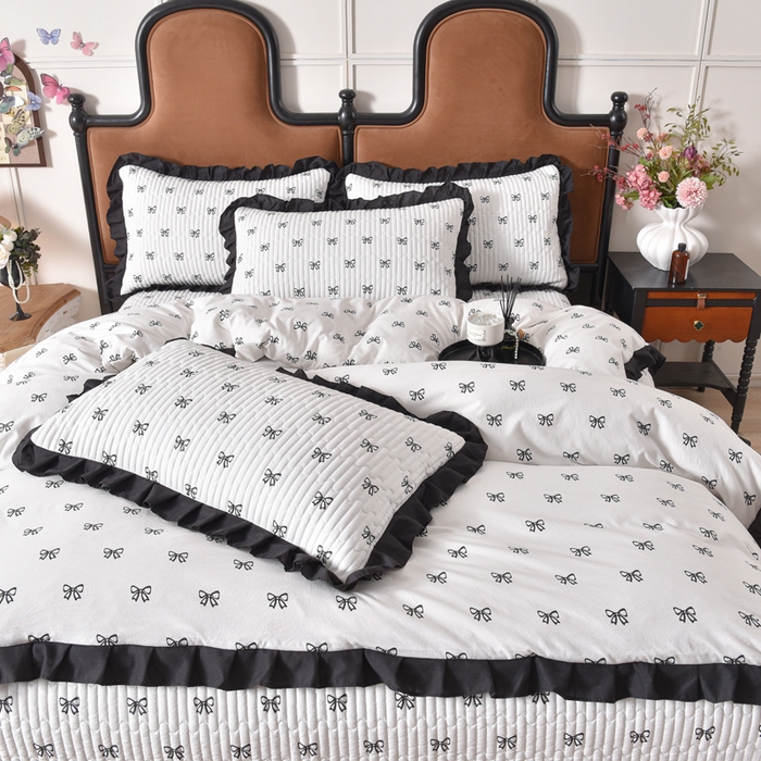 91家纺网 家纺一手货源 找家纺 同田家纺 2025新款A类水洗棉夹棉床盖四件套 小蝴蝶结