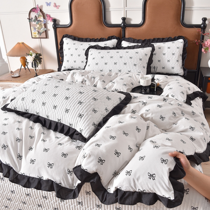 91家纺网 家纺一手货源 找家纺 同田家纺 2025新款A类水洗棉夹棉床盖四件套 小蝴蝶结