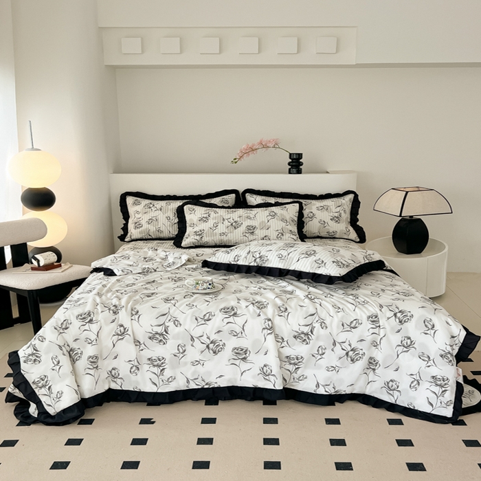 91家纺网 家纺一手货源 找家纺 同田家纺 2025新款A类水洗棉床盖夏被空调被四件套 玫瑰