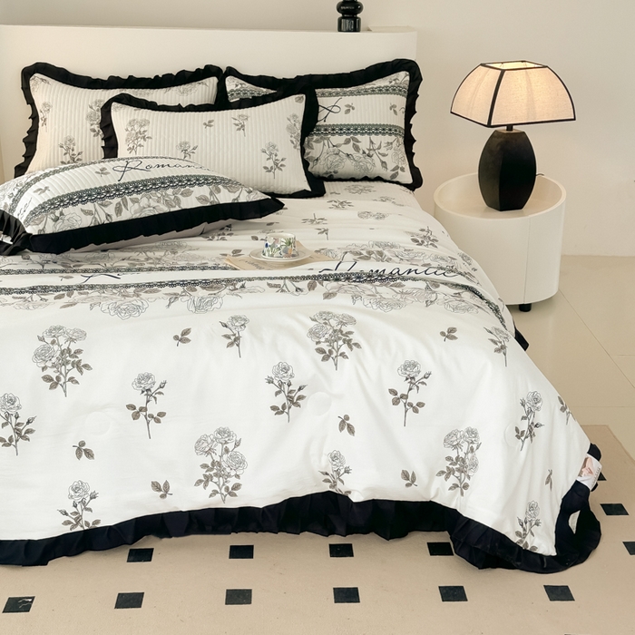 91家纺网 家纺一手货源 找家纺 同田家纺 2025新款A类水洗棉床盖夏被空调被四件套 玫瑰花茶