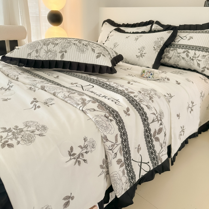 91家纺网 家纺一手货源 找家纺 同田家纺 2025新款A类水洗棉床盖夏被空调被四件套 玫瑰花茶