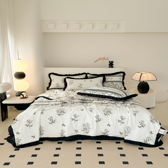 91家纺网 家纺一手货源 找家纺 同田家纺 2025新款A类水洗棉床盖夏被空调被四件套 玫瑰花茶