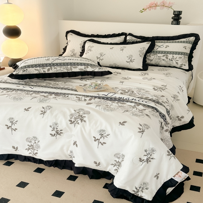 91家纺网 家纺一手货源 找家纺 同田家纺 2025新款A类水洗棉床盖夏被空调被四件套 玫瑰花茶