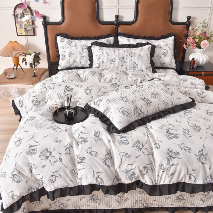 同田家纺 2025新款A类水洗棉夹棉床盖四件套 玫瑰