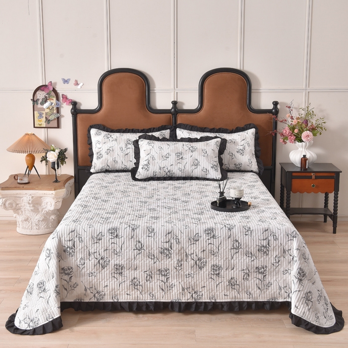 91家纺网 家纺一手货源 找家纺 同田家纺 2025新款A类水洗棉夹棉床盖四件套 玫瑰