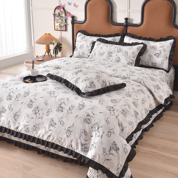 91家纺网 家纺一手货源 找家纺 同田家纺 2025新款A类水洗棉夹棉床盖四件套 玫瑰