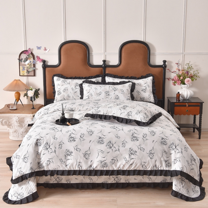 91家纺网 家纺一手货源 找家纺 同田家纺 2025新款A类水洗棉夹棉床盖四件套 玫瑰