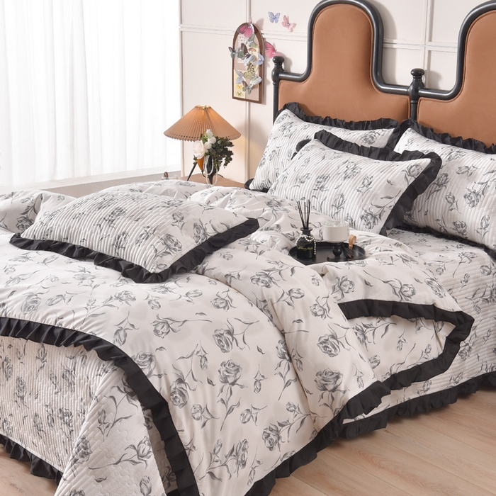 91家纺网 家纺一手货源 找家纺 同田家纺 2025新款A类水洗棉夹棉床盖四件套 玫瑰