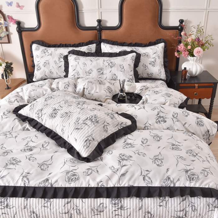 91家纺网 家纺一手货源 找家纺 同田家纺 2025新款A类水洗棉夹棉床盖四件套 玫瑰