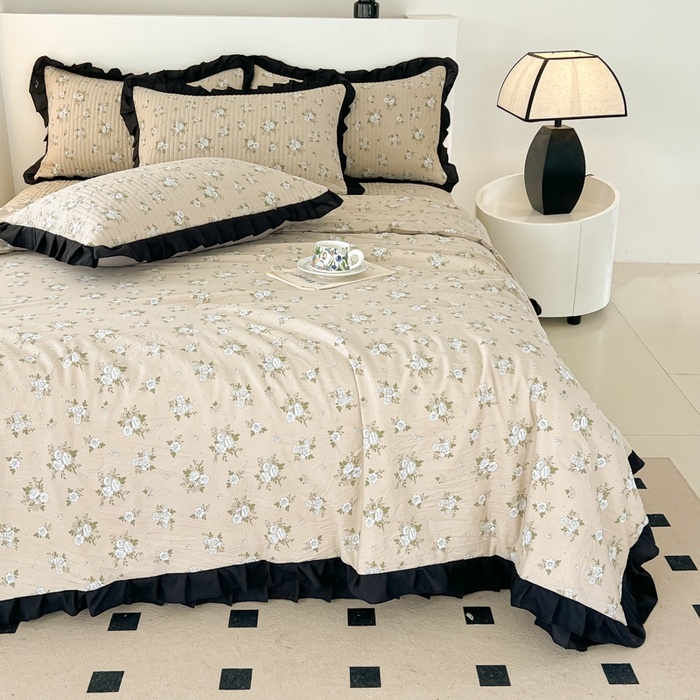 91家纺网 家纺一手货源 找家纺 同田家纺 2025新款A类水洗棉床盖夏被空调被四件套 茉莉奶白