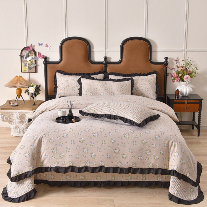 91家纺网 家纺一手货源 找家纺 同田家纺 2025新款A类水洗棉夹棉床盖四件套 茉莉奶白