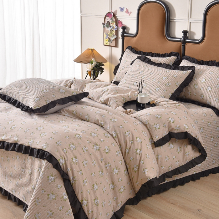 91家纺网 家纺一手货源 找家纺 同田家纺 2025新款A类水洗棉夹棉床盖四件套 茉莉奶白