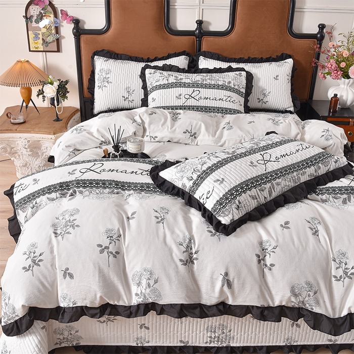 同田家纺 2025新款A类水洗棉夹棉床盖四件套 玫瑰花茶