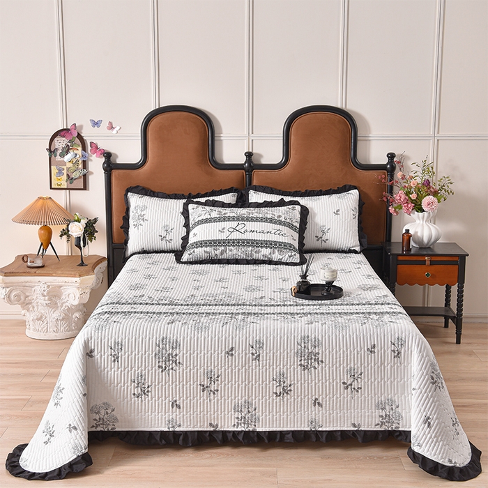 91家纺网 家纺一手货源 找家纺 同田家纺 2025新款A类水洗棉夹棉床盖四件套 玫瑰花茶