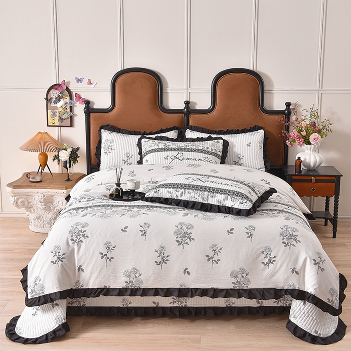 91家纺网 家纺一手货源 找家纺 同田家纺 2025新款A类水洗棉夹棉床盖四件套 玫瑰花茶