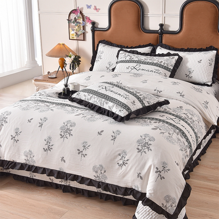 91家纺网 家纺一手货源 找家纺 同田家纺 2025新款A类水洗棉夹棉床盖四件套 玫瑰花茶