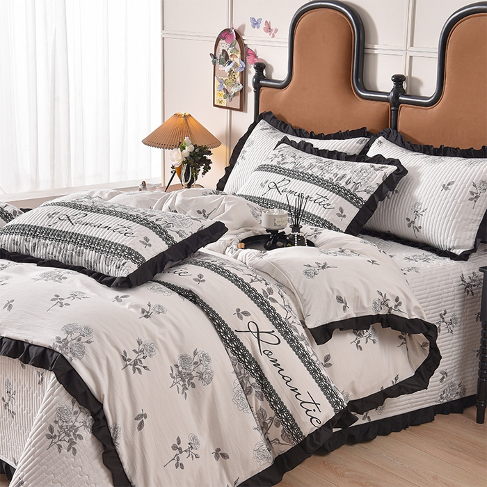 91家纺网 家纺一手货源 找家纺 同田家纺 2025新款A类水洗棉夹棉床盖四件套 玫瑰花茶