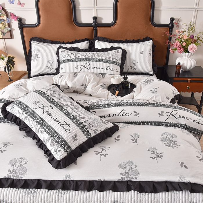 91家纺网 家纺一手货源 找家纺 同田家纺 2025新款A类水洗棉夹棉床盖四件套 玫瑰花茶