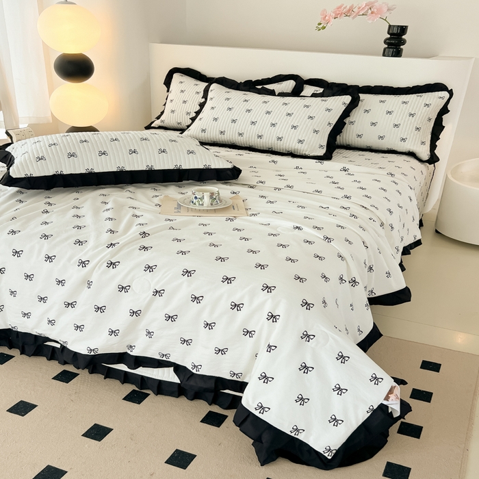 91家纺网 家纺一手货源 找家纺 同田家纺 2025新款A类水洗棉床盖夏被空调被四件套 小蝴蝶结