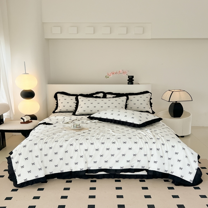 91家纺网 家纺一手货源 找家纺 同田家纺 2025新款A类水洗棉床盖夏被空调被四件套 小蝴蝶结