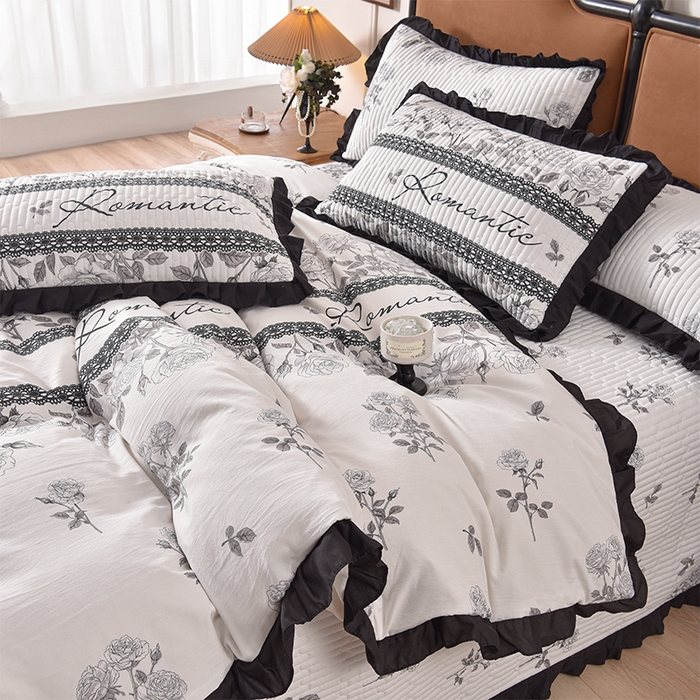 91家纺网 家纺一手货源 找家纺 同田家纺 2025新款A类水洗棉夹棉床盖四件套 玫瑰花茶