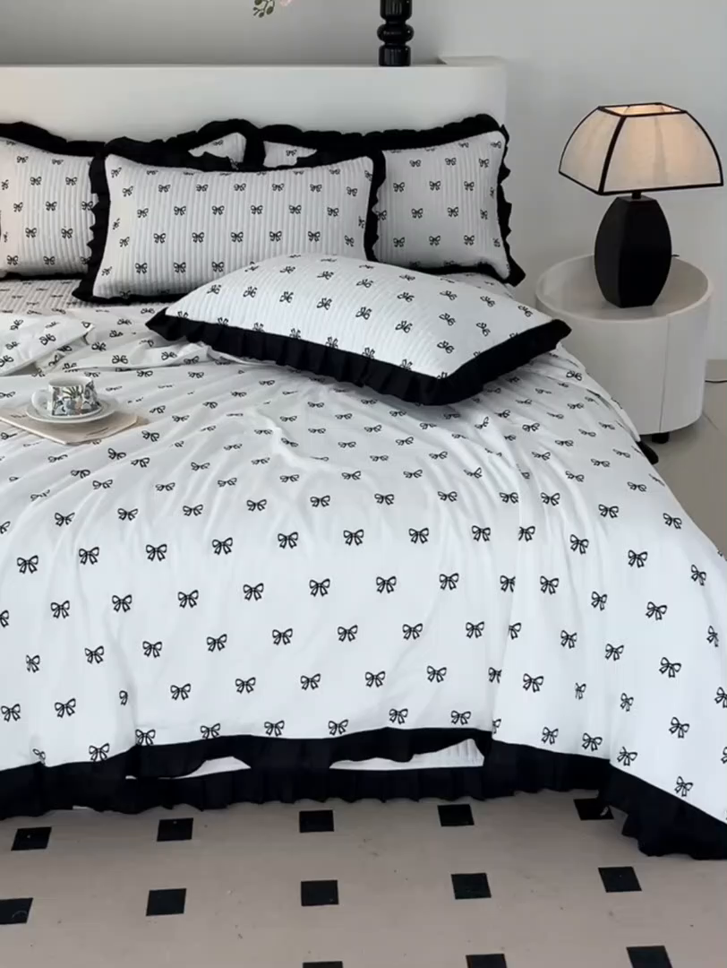 91家纺网 家纺一手货源 找家纺 同田家纺 2025新款A类水洗棉床盖夏被空调被四件套 小蝴蝶结