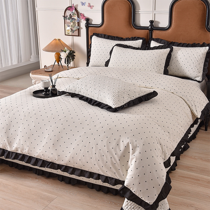 91家纺网 家纺一手货源 找家纺 同田家纺 2025新款A类水洗棉夹棉床盖四件套 波点