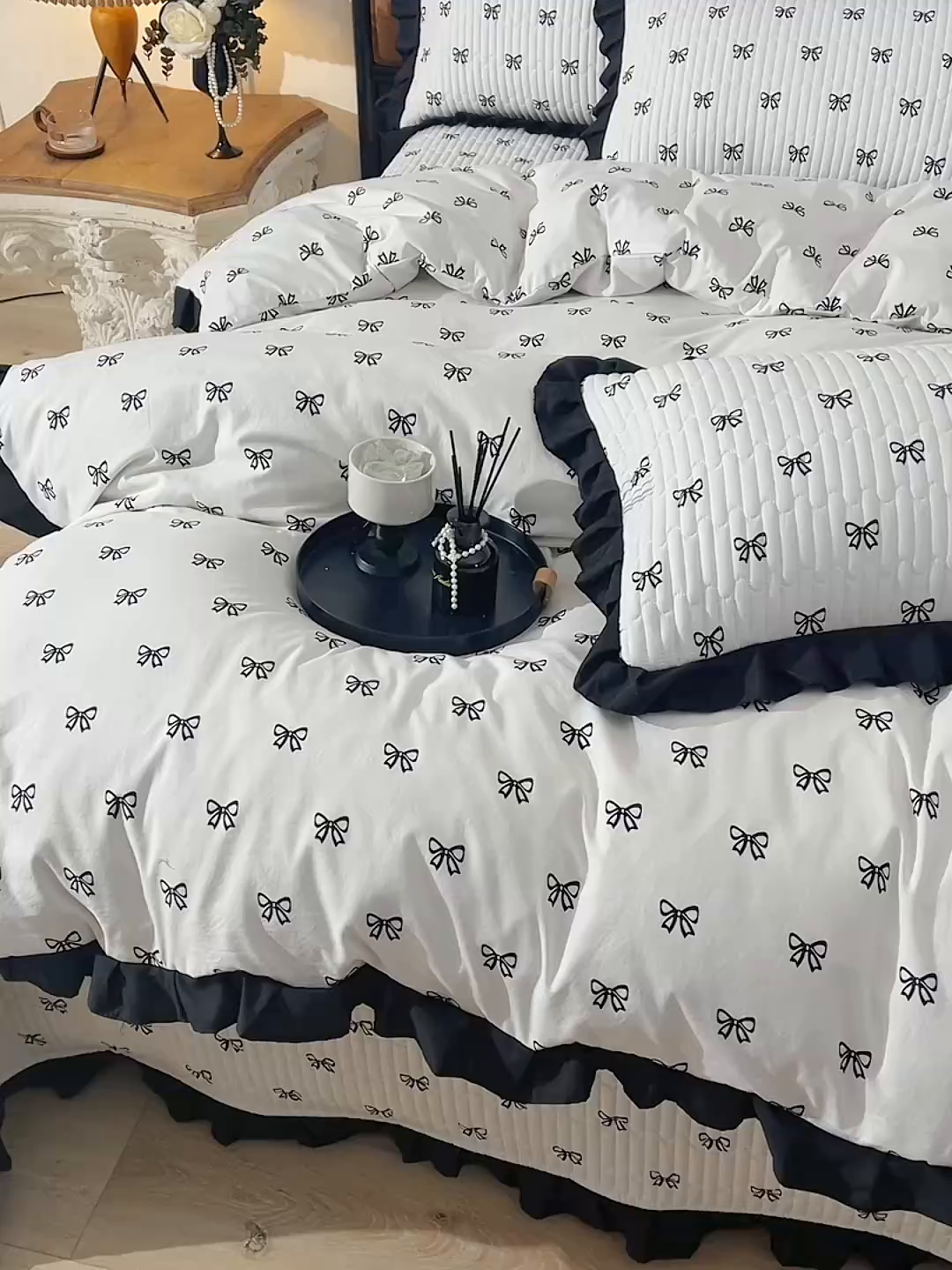 91家纺网 家纺一手货源 找家纺 同田家纺 2025新款A类水洗棉夹棉床盖四件套 小蝴蝶结