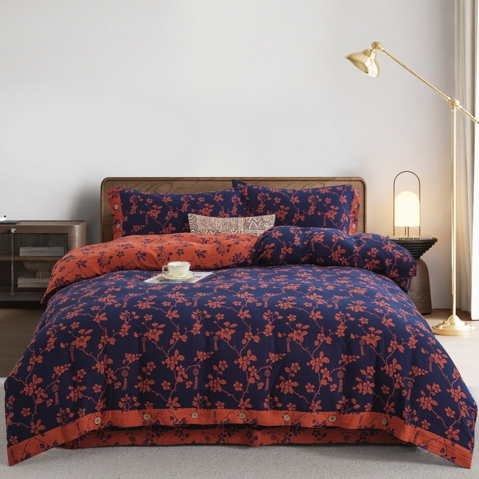 91家纺网 家纺一手货源 找家纺 （总）鲁爱 2025新款全棉色织双层纱纽扣款四件套