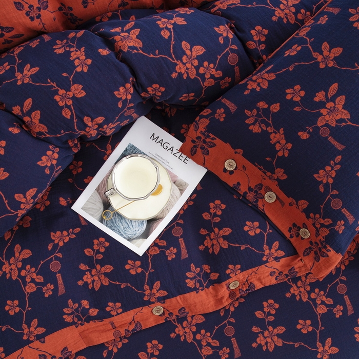 91家纺网 家纺一手货源 找家纺 2025新款全棉色织双层纱纽扣款四件套 春晖-深兰