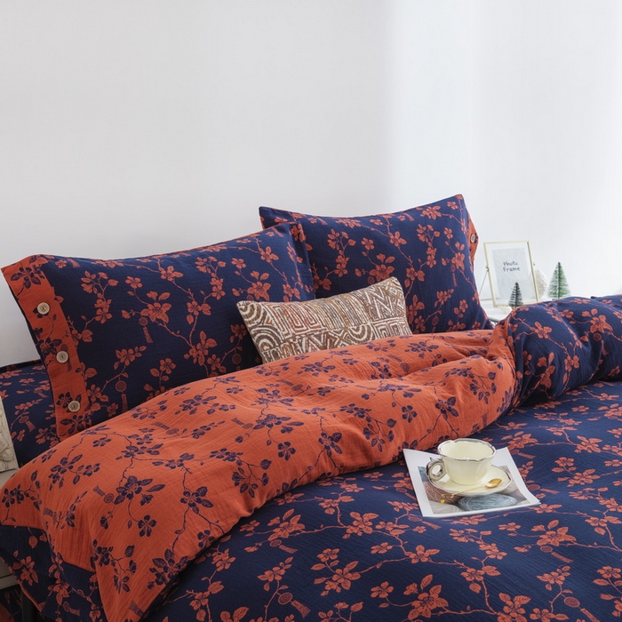 91家纺网 家纺一手货源 找家纺 2025新款全棉色织双层纱纽扣款四件套 春晖-深兰