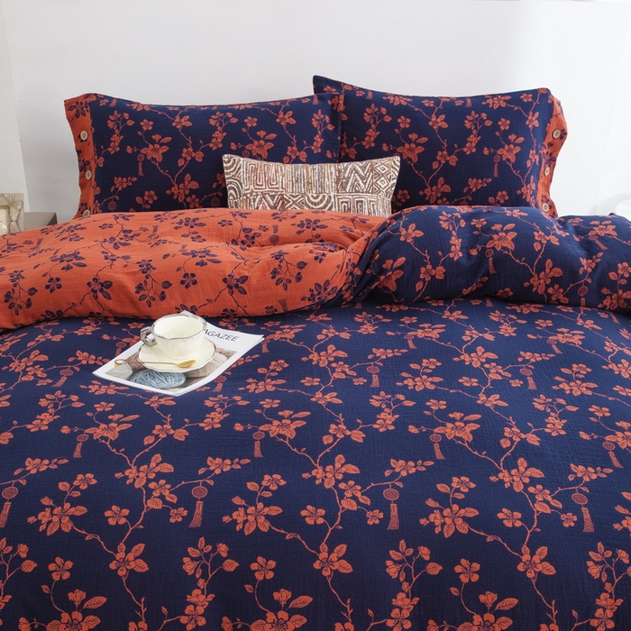 91家纺网 家纺一手货源 找家纺 2025新款全棉色织双层纱纽扣款四件套 春晖-深兰