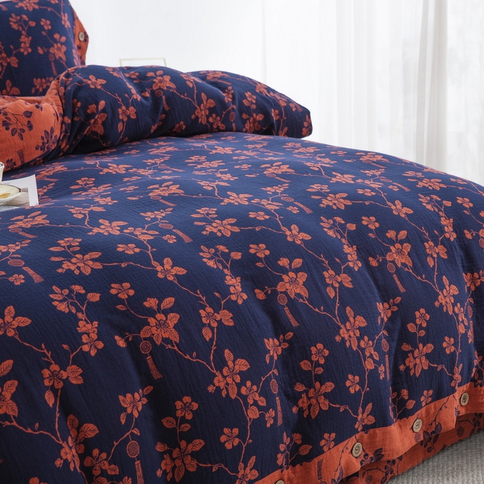 91家纺网 家纺一手货源 找家纺 2025新款全棉色织双层纱纽扣款四件套 春晖-深兰