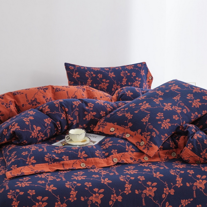 91家纺网 家纺一手货源 找家纺 2025新款全棉色织双层纱纽扣款四件套 春晖-深兰